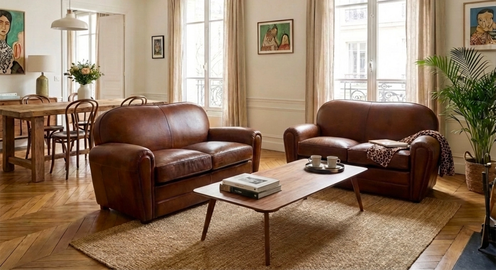 Canapé club cuir 2 places marron vintage accoudoirs passepoil