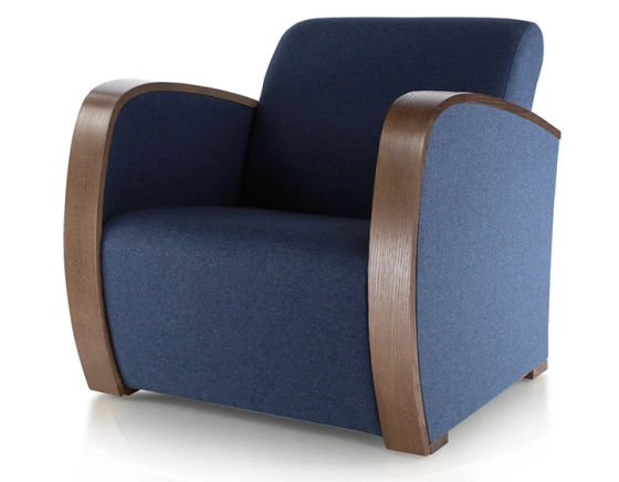 Designer armchair dark brown stained wood and navy blue fabric