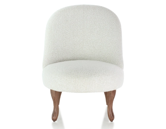 Fauteuil crapaud sans accoudoirs pieds bois teinte noyer et tissu bouclé blanc