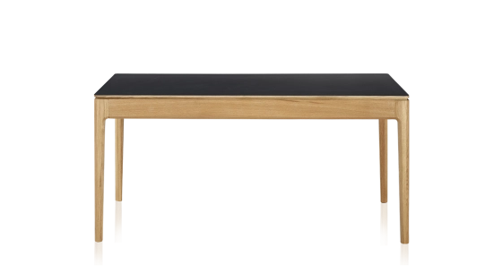 Dining table for 6 people in oak and ceramic with natural stained wood and plain black ceramic top 140x90 cm