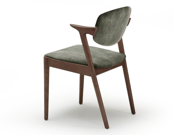 Chaise scandinave bois teinte noyer assise tissu velours vert forêt