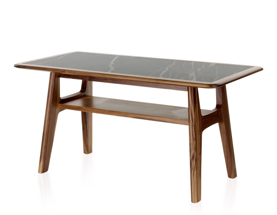 Table basse rectangulaire en noyer et céramique bois teinte naturelle plateau céramique effet marbre noir 100x50 cm