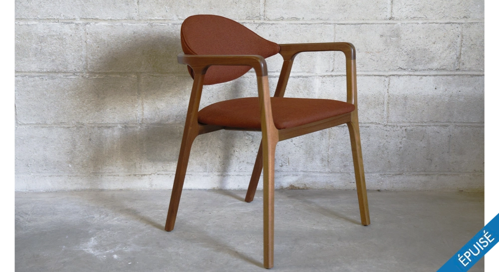 Walnut Designer armchair natural wood finish and brown fabric