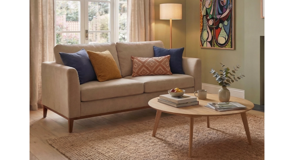 Canapé design 2 places tissu velours taupe clair