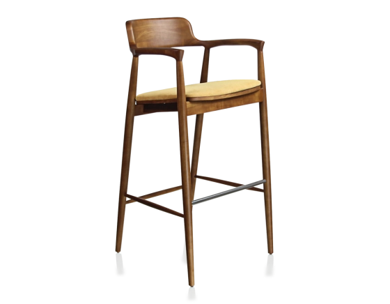 Tabouret de bar h80 cm bois teinte merisier assise tissu jaune