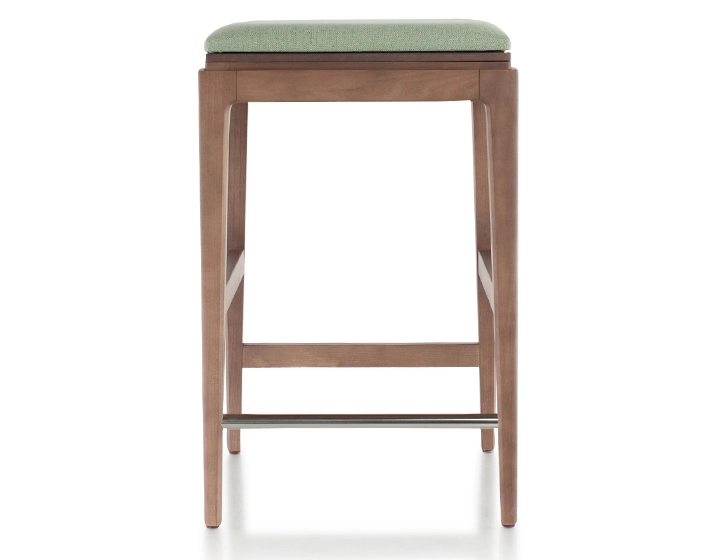 Tabouret de bar design H60 cm bois teinte noyer assise tissu vert sauge Tabouret de bar design H60 cm bois teinte noyer assise tissu vert sauge
