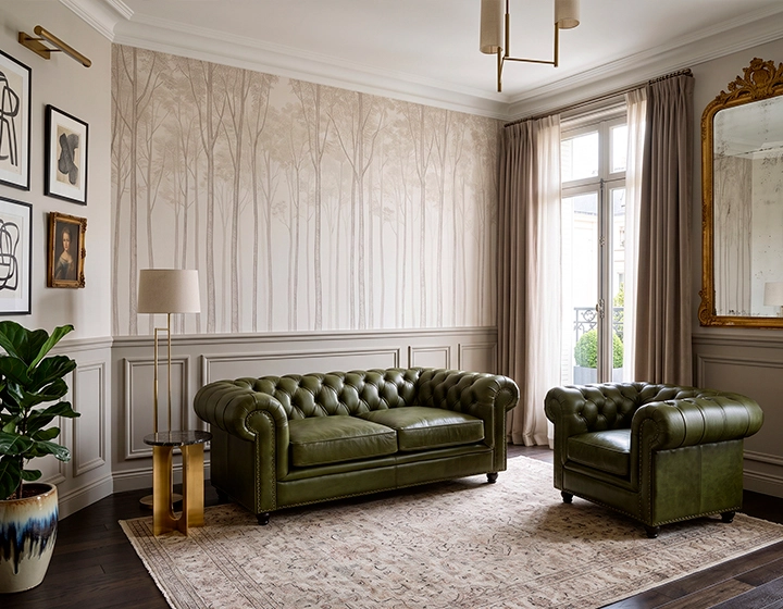 Fauteuil chesterfield cuir vert olive accoudoirs cloutés