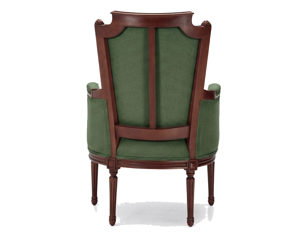 Fauteuil bergère style Louis XVI bois teinte ancienne et tissu vert foncé