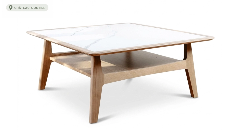Table basse carrée en chêne et céramique avec bois teinte naturelle plateau céramique effet marbre blanc 120X120 cm