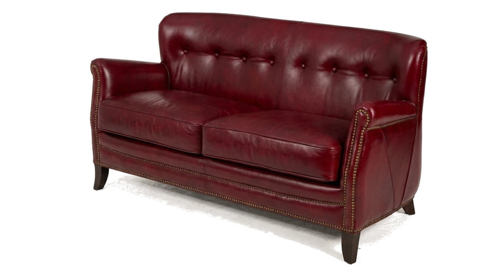 Canapé club cuir 2 places rouge carmin accoudoirs cloutés