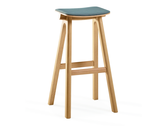 Upholstered oak bar stool H80 cm natural stained wood, ocean blue fabric seat