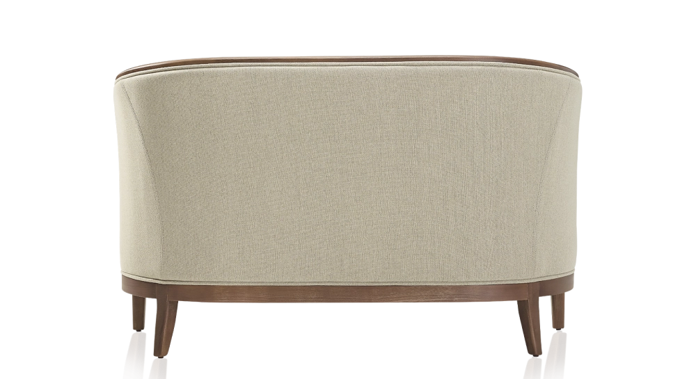 Canapé ancien 2 places bois teinte noyer et tissu beige naturel Canapé ancien 2 places bois teinte noyer et tissu beige naturel