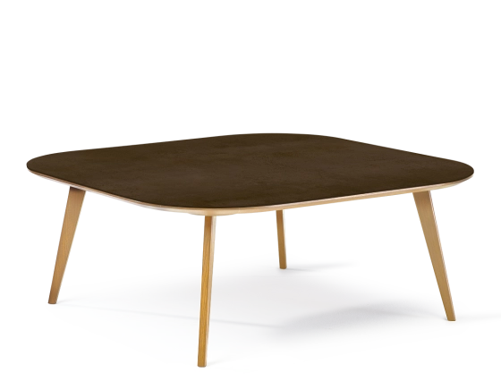 Square coffee table with rounded corners F2 in oak and ceramic wood natural finish with ceramic top in rust effect. 100x100x30 cm