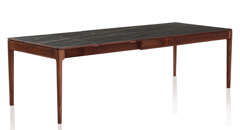 Table extensible 8 à 12 personnes en noyer et céramique allonges céramique avec bois teinte naturelle et plateau et allonges céramique effet marbre noir 160x100 cm
