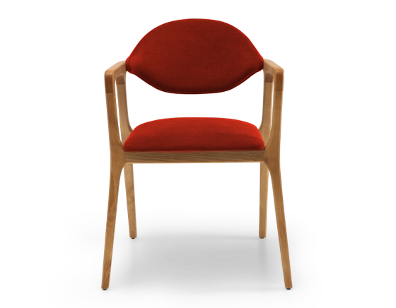 Chaise design avec accoudoirs bois teinte naturelle et tissu orange brulé