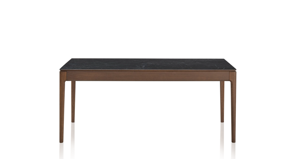 Table extensible 8 à 12 personnes en chêne et céramique allonges céramique avec bois teinte marron foncé et plateau et allonges céramique effet ardoise 180x100 cm