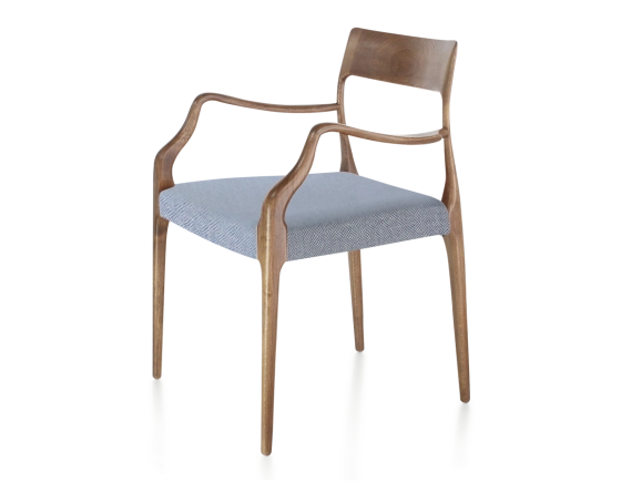 Chaise scandinave avec accoudoirs bois teinte noyer assise tissu chevron bleu
