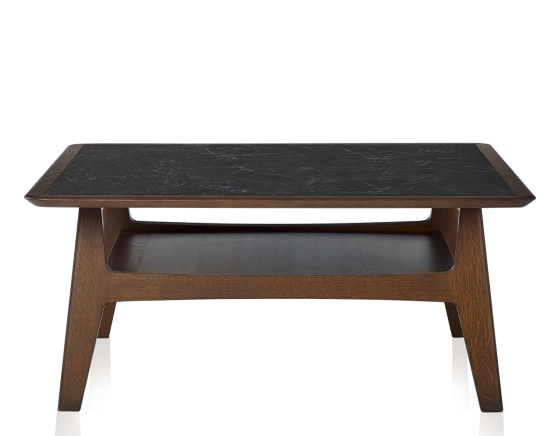 Table basse carrée en chêne et céramique avec bois teinte marron foncé plateau céramique effet ardoise 100x100 cm