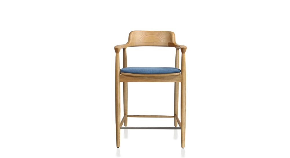 Tabouret de bar h60 cm bois teinte naturelle assise tissu bleu jean
