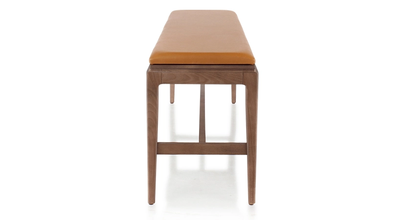 Banc design bois teinte noyer assise cuir caramel L140 cm Banc design bois teinte noyer assise cuir caramel L140 cm