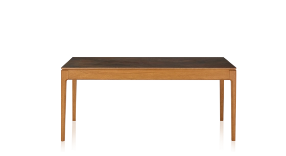 Table salle à manger en chêne et céramique 6 à 8 personnes avec bois teinte merisier et plateau céramique brun oxydé 160x90 cm