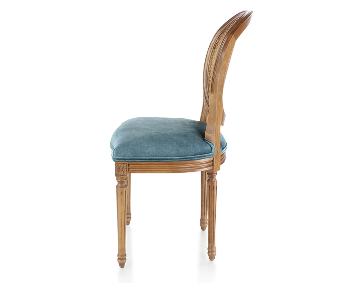 Chaise ancienne style Louis XVI bois teinte ancienne dossier canné assise tissu velours bleu pétrole Chaise ancienne style Louis XVI bois teinte ancienne dossier canné assise tissu velours bleu pétrole