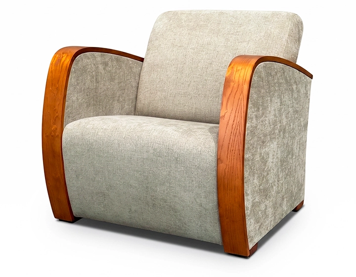 Fauteuil design bois teinte merisier et tissu vert bambou