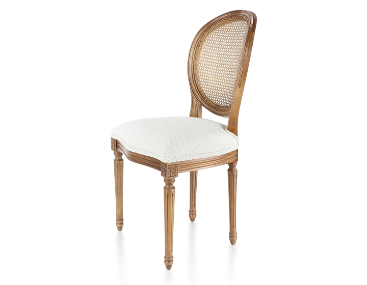 Chaise ancienne style Louis XVI bois teinte ancienne dossier canné assise tissu bouclé blanc Chaise ancienne style Louis XVI bois teinte ancienne dossier canné assise tissu bouclé blanc