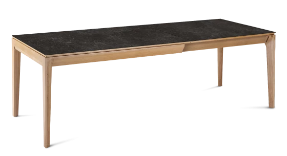 Table extensible en chêne et céramique 6 à 10 personnes allonges céramique avec bois teinte naturelle et plateau et allonges céramique effet ardoise 140x90 cm