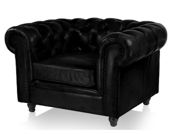 Fauteuil chesterfield cuir noir accoudoirs cloutés