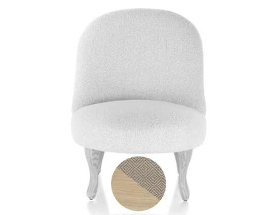 Fauteuil crapaud sans accoudoirs pieds bois teinte naturelle et tissu chevron beige