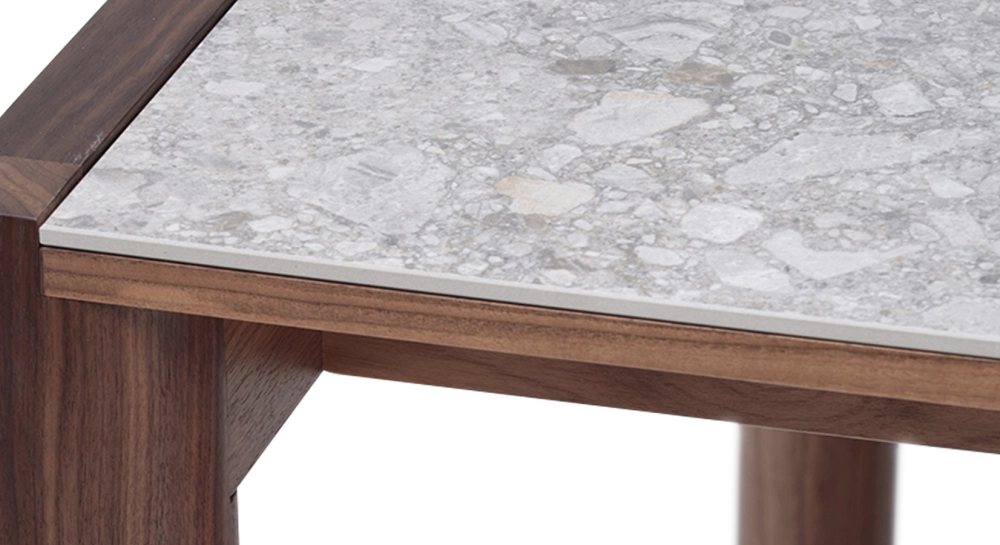 Table extensible 8 à 12 personnes en noyer et céramique allonges céramique bois teinte naturelle et céramique effet terrazzo gris 160x100 cm Table extensible 8 à 12 personnes en noyer et céramique allonges céramique bois teinte naturelle et céramique effet terrazzo gris 160x100 cm