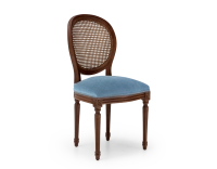 Chaise ancienne style Louis XVI bois teinte marron foncée dossier canné assise tissu bleu jean Chaise ancienne style Louis XVI bois teinte marron foncée dossier canné assise tissu bleu jean
