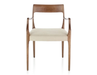 Scandinavian armchair with armrests walnut-stained wood, camel-coloured fabric seat Scandinavian armchair with armrests walnut-stained wood, camel-coloured fabric seat