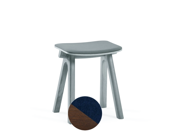 Upholstered oak stool H45 cm dark brown stained wood, navy blue fabric seat