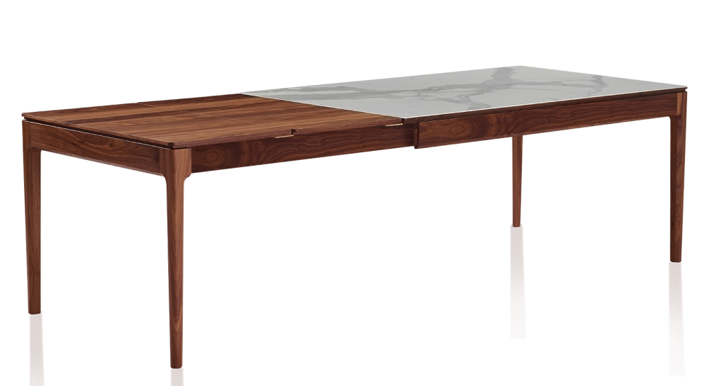 Table extensible 8 à 14 personnes en noyer et céramique allonges bois avec bois teinte naturelle et plateau céramique effet marbre blanc 210x100 cm Table extensible 8 à 14 personnes en noyer et céramique allonges bois avec bois teinte naturelle et plateau céramique effet marbre blanc 210x100 cm