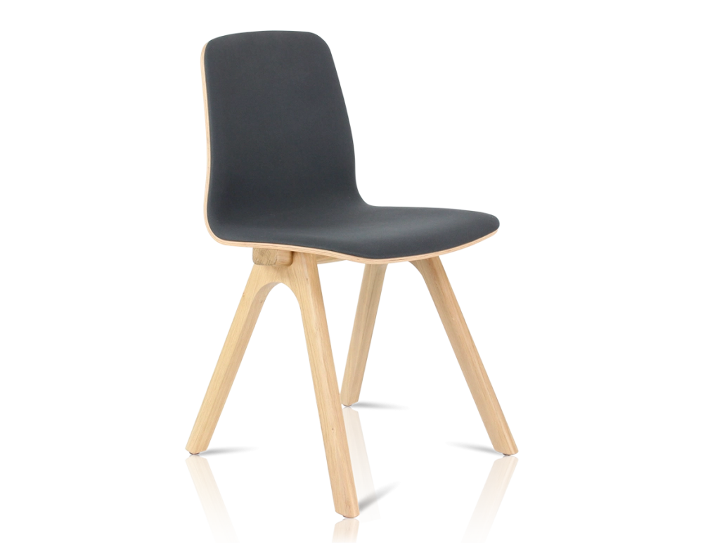 Upholstered oak designer chair natural wood stain, anthracite grey fabric seat Upholstered oak designer chair natural wood stain, anthracite grey fabric seat