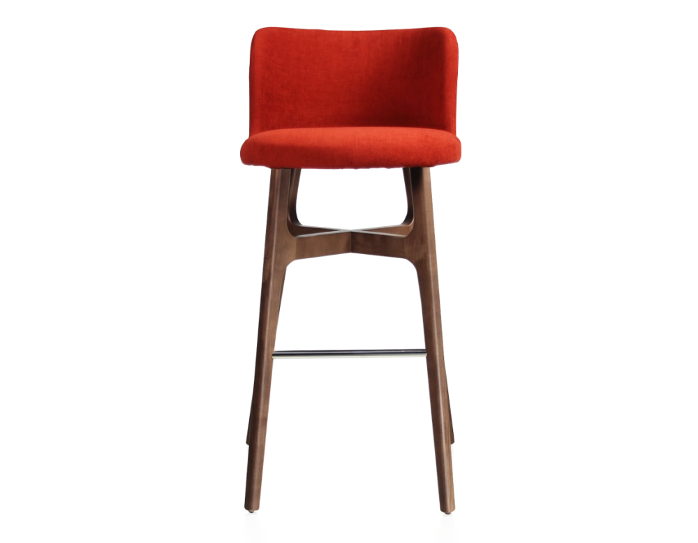 Bar stool h80 cm dark brown stained wood, burnt orange fabric seat Bar stool h80 cm dark brown stained wood, burnt orange fabric seat
