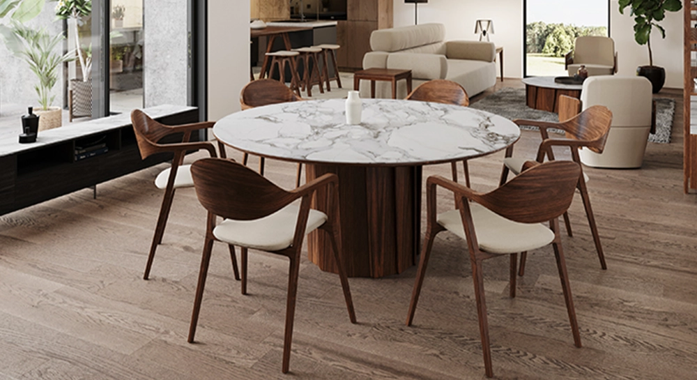 Table salle à manger ronde 6 personnes en noyer et céramique teinte naturelle plateau effet marbre blanc 140 cm Table salle à manger ronde 6 personnes en noyer et céramique teinte naturelle plateau effet marbre blanc 140 cm