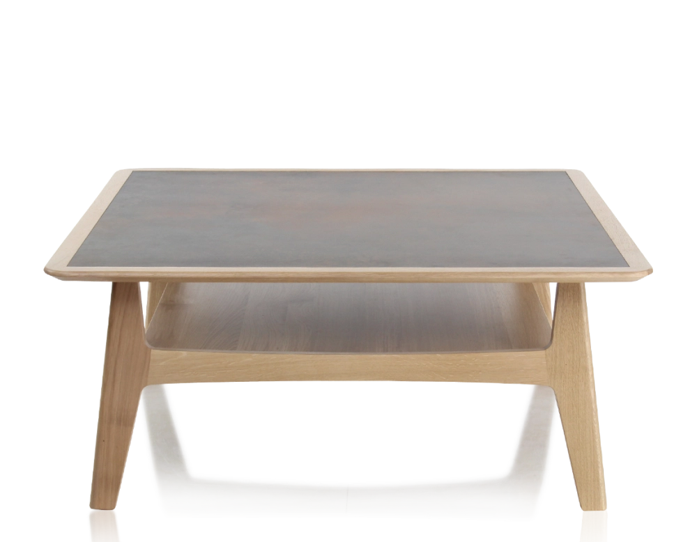 Table basse carrée en chêne et céramique avec bois teinte naturelle plateau céramique brun oxydé 100x100 cm Table basse carrée en chêne et céramique avec bois teinte naturelle plateau céramique brun oxydé 100x100 cm
