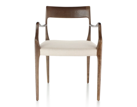 Chaise scandinave avec accoudoirs bois teinte marron foncé assise tissu chevron beige