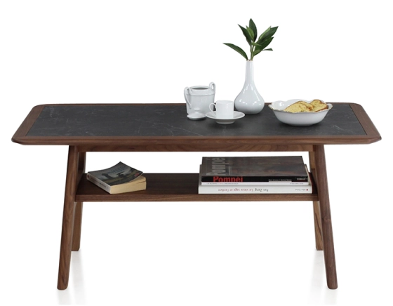 Table basse rectangulaire en noyer et céramique bois teinte naturelle plateau céramique effet ardoise 100x50 cm