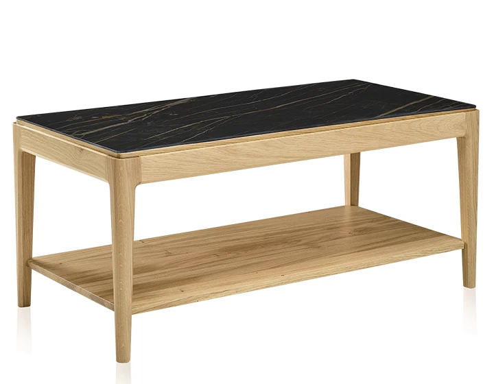 Table basse rectangulaire en chêne et céramique avec tablette en bois teinte naturelle plateau céramique effet marbre noir 100x50 cm