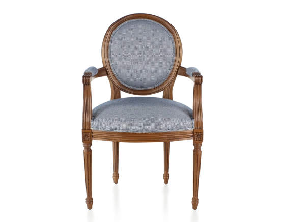 Antique Louis XVI style armchair with armrests aged wood stain and blue chevron fabric