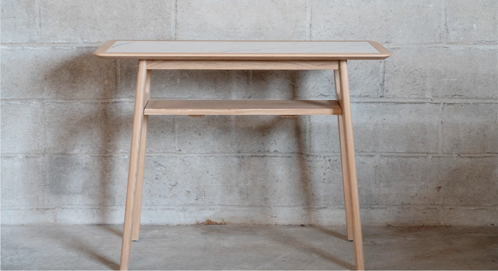 Console fixe sans tiroir en chêne teinte naturelle et céramique effet marbre blanc 100x40 cm