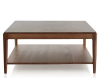 Table basse carrée en noyer et céramique avec tablette en bois teinte naturelle plateau céramique brun oxydé 100x100 cm