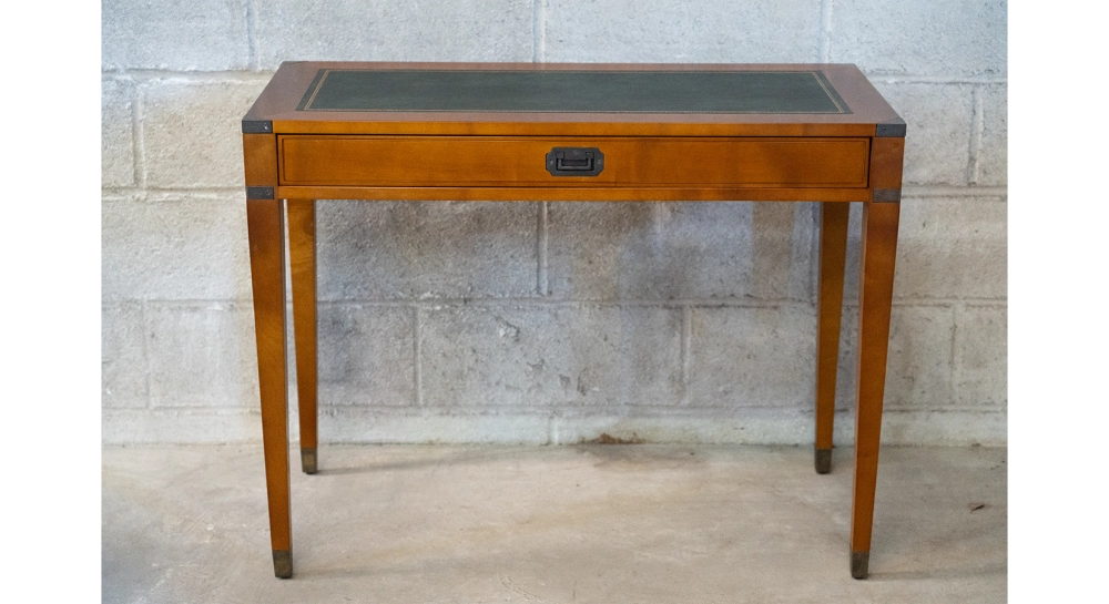 Bureau marine 1 tiroir bois teinte merisier et cuir vert