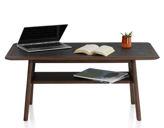 Table basse rectangulaire en chêne et céramique avec bois teinte marron foncé plateau céramique effet ardoise 100x50 cm