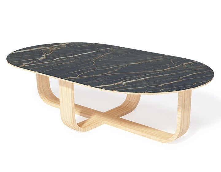 Table basse ovale en chêne et céramique avec bois teinte naturelle plateau céramique effet marbre noir 120x80 cm Table basse ovale en chêne et céramique avec bois teinte naturelle plateau céramique effet marbre noir 120x80 cm