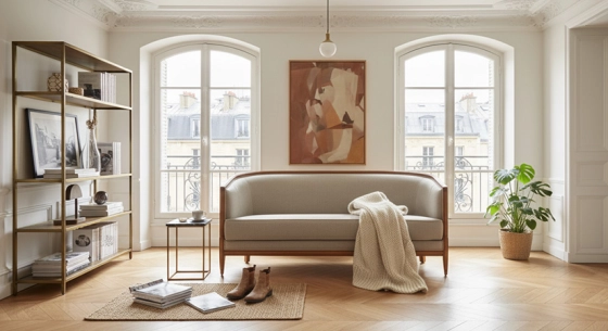 Canapé ancien 3 places bois teinte merisier et tissu gris clair